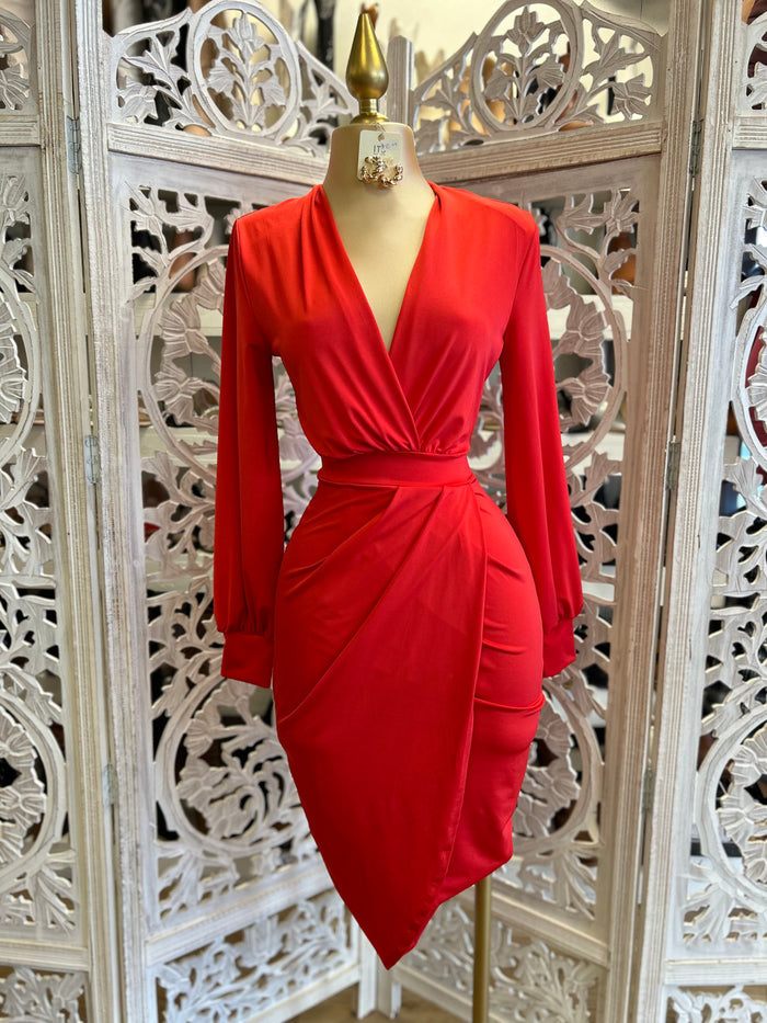 Red Draped Midi Dress- Very Stretchy