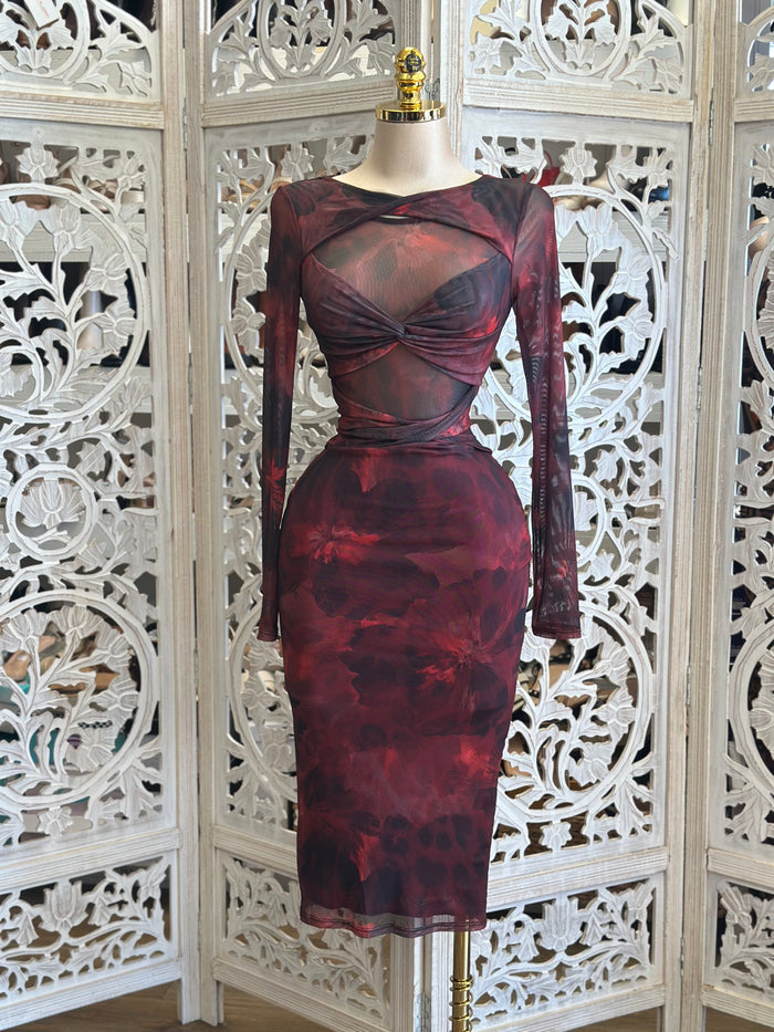 Red Floral Mesh Bow Midi Dress- Stretchy,Estirat