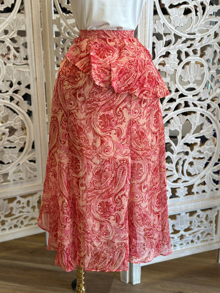 Red Ruffle Pattern Midi Skirt- NotStretchy , No Estira