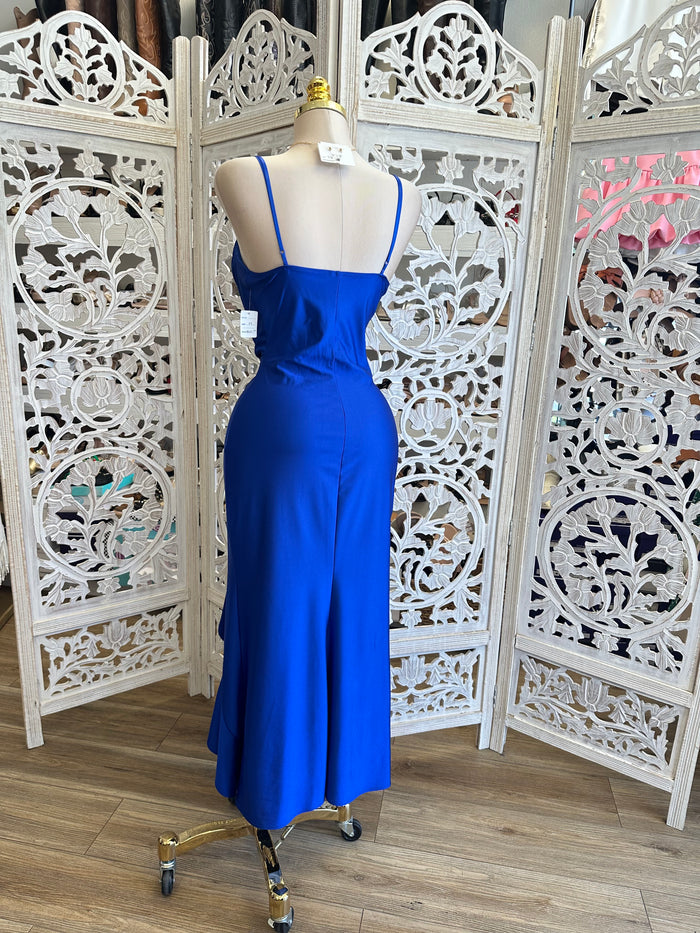Royal Blue Ruffle Slit Cami Midi Dress - Estira, Stretchy