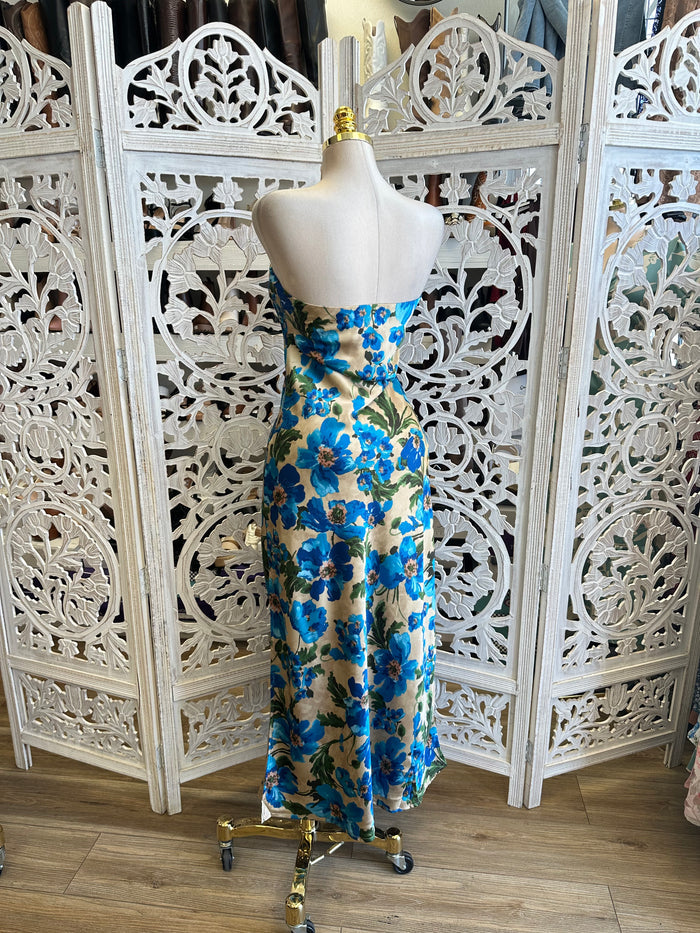 Royal Floral Panted Strapless Dress-No Estira, Not Stretchy