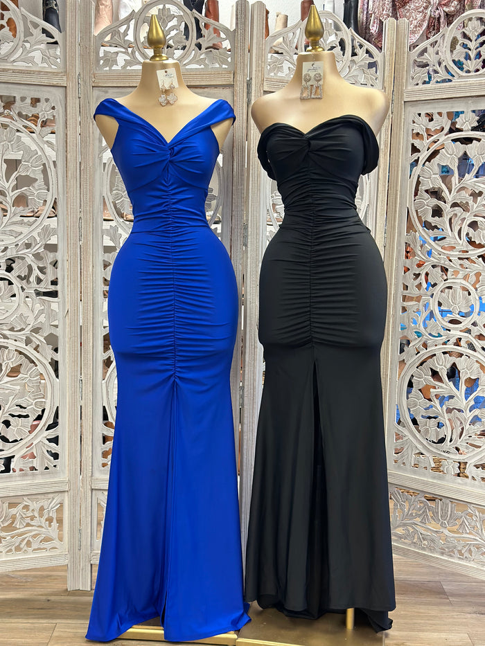 Ruched Off Shoulder Gown- Stretchy