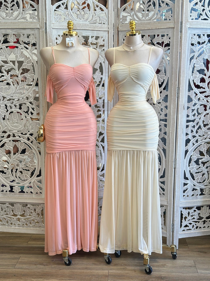 Ruched Off Shoulder Maxi Formal Dress -Estira, Stretchy