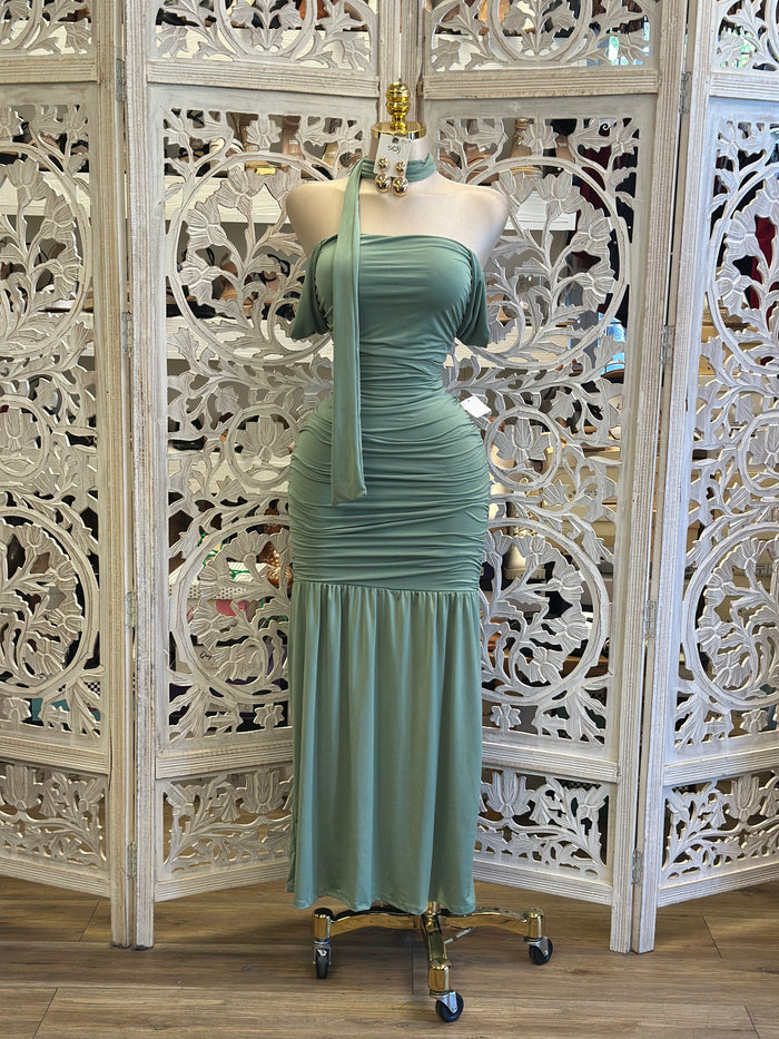 Sage Off Shoulder Scarfed Dress- Stretchy, Estira