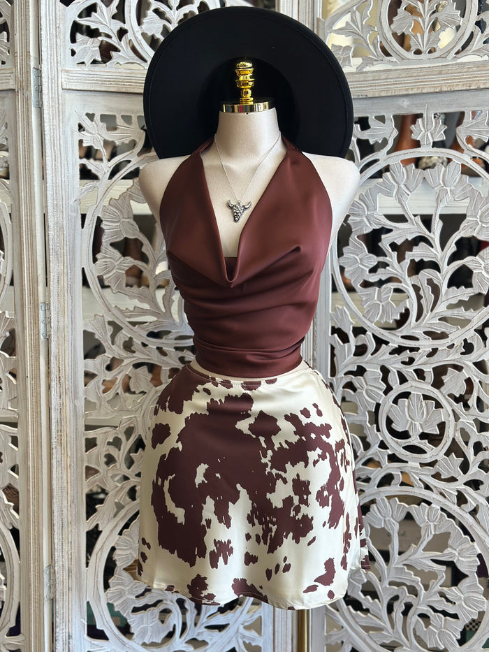 Satin Cow Print Mini Skirt- Not Stretchy , No Estira