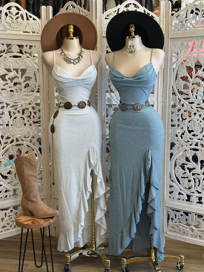 Shimmery Ruffle Slit Cami Midi Dress - Estira, Stretchy