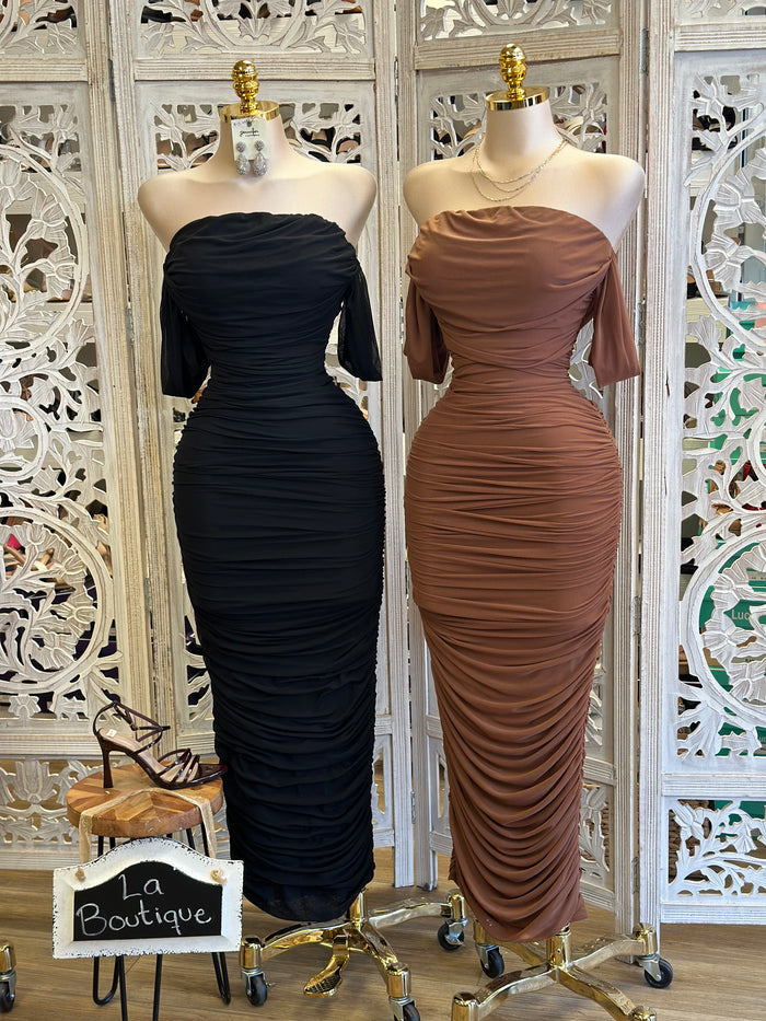 Shoulder Ruched Mesh Dress- Stretchy,Estira