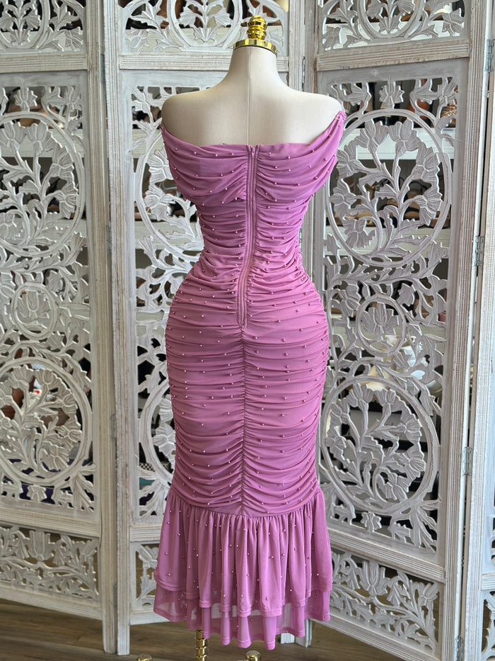 Soft Berry Pearl Ruched Dress- Stretchy, Estira