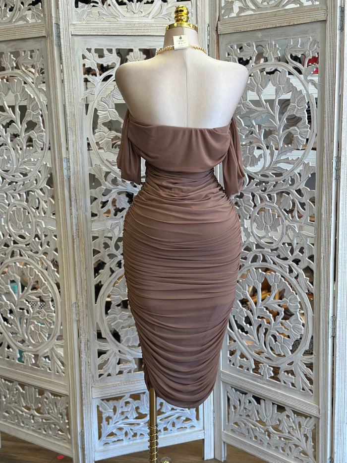 Soft Brown Ruched Off Shoulder Dress - Estira, Stretchy