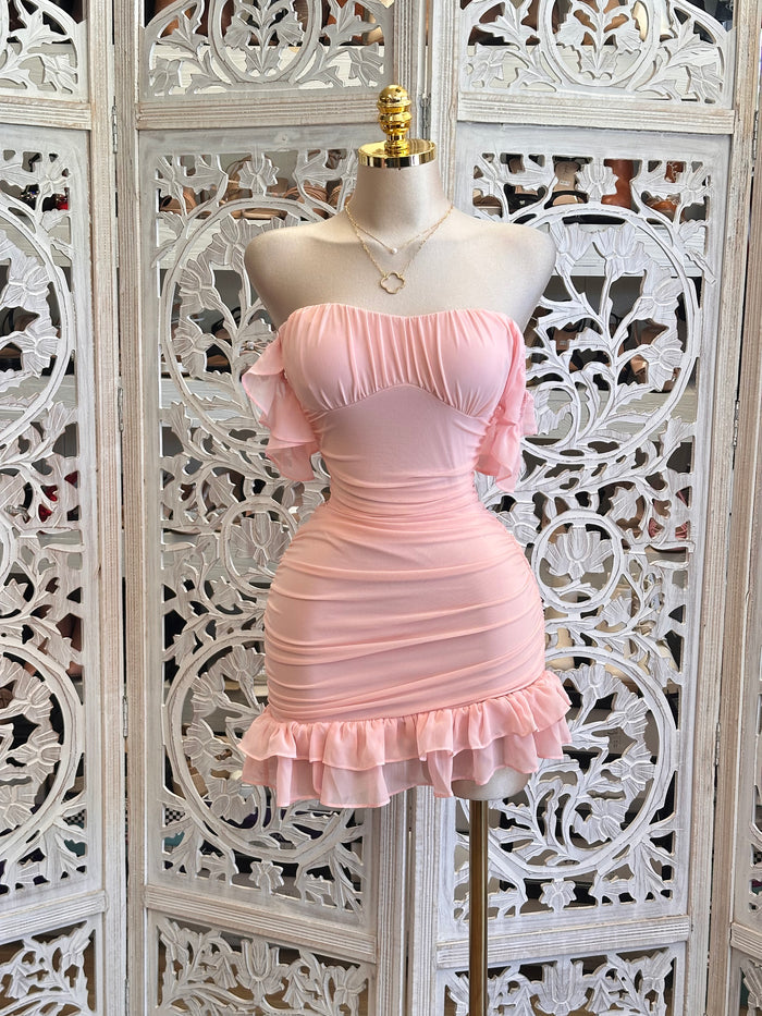 Soft Pink Ruffled Off Shoulder Mini Dress - Estira, Stretchy