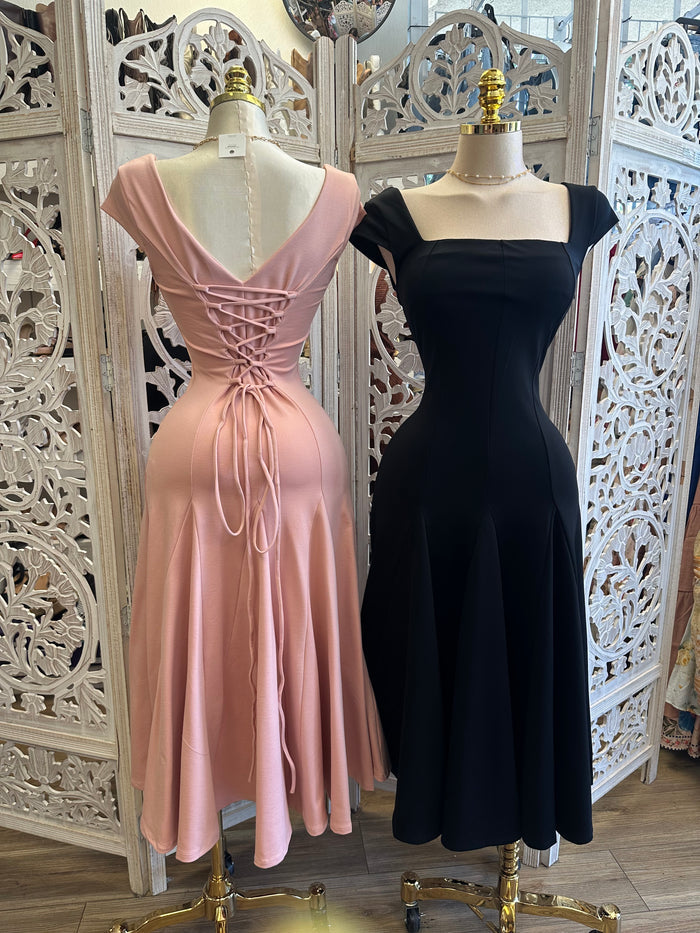 Square Neck Midi Dress- Estira, Stretchy