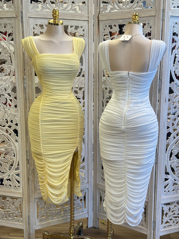 Square Neck Ruched Midi Dress - Estira, Stretchy