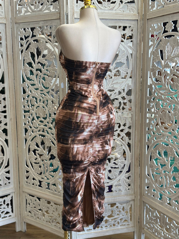 Strapless Brown Multipattern Midi Dress- Stretchy, Estira