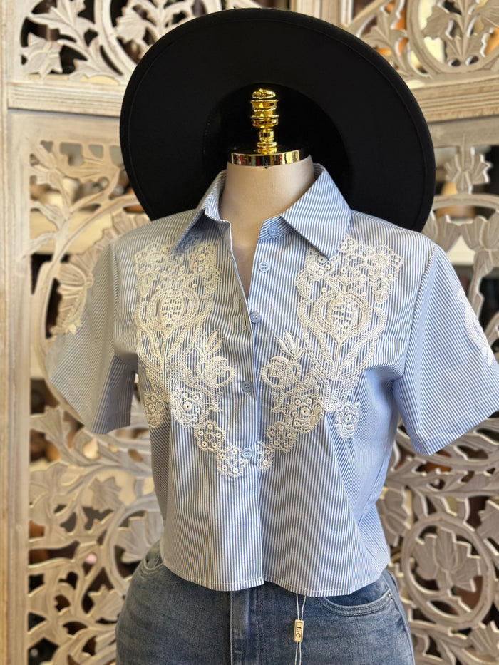Striped Lace Button Blouse-