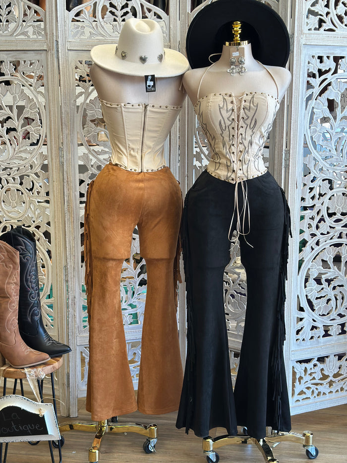 Suede Fringe Flare Pants - Estira, Stretchy