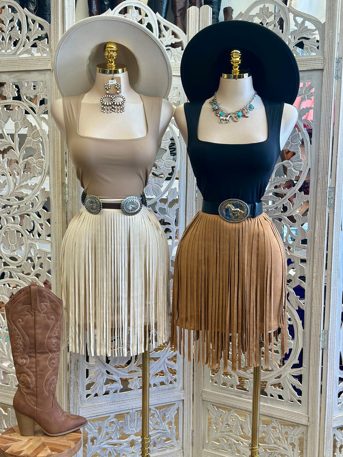 Suede Fringe Mini Skirt- Stretchy , Estira