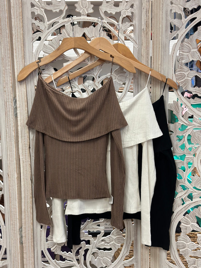 Sweater Off Shoulder Ribbed Top- Estira, Stretchy