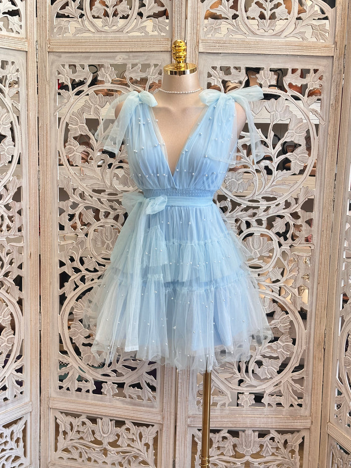 Tulle Blue Pearl Mini Dress - Estira, Stretchy