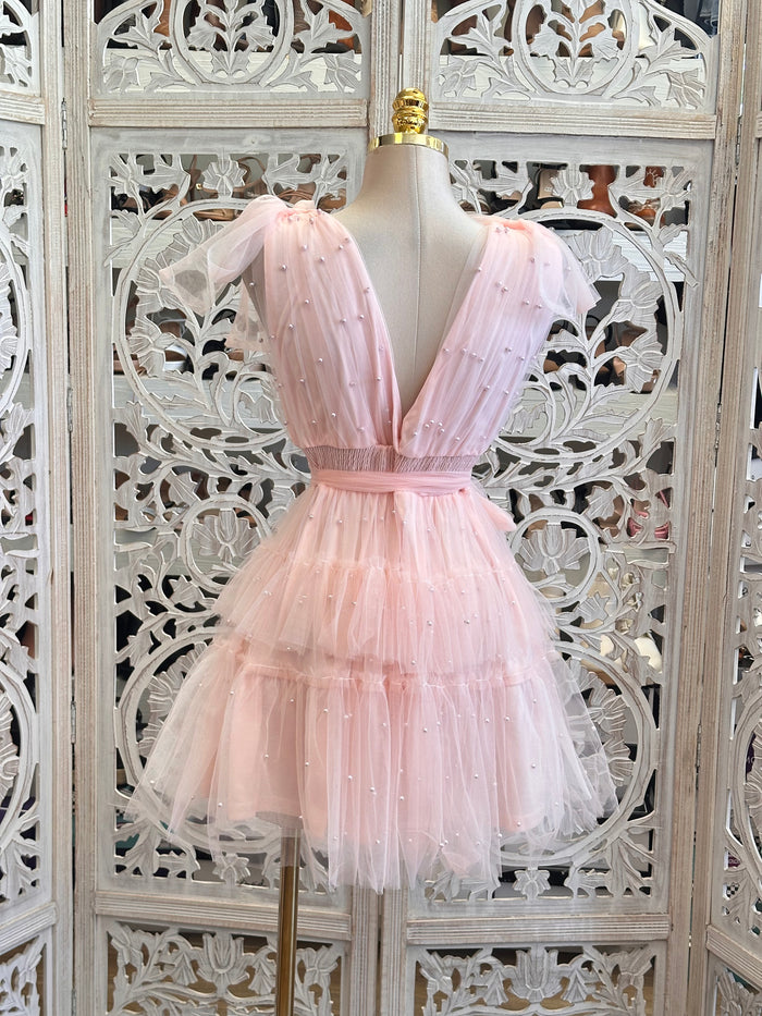 Tulle Soft Pink Pearl Mini Dress - Estira, Stretchy