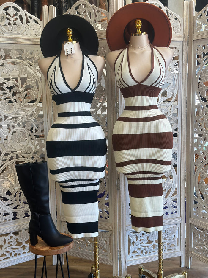 V Striped Ribbed Sweater Mock Neck Dress- Stretchy
