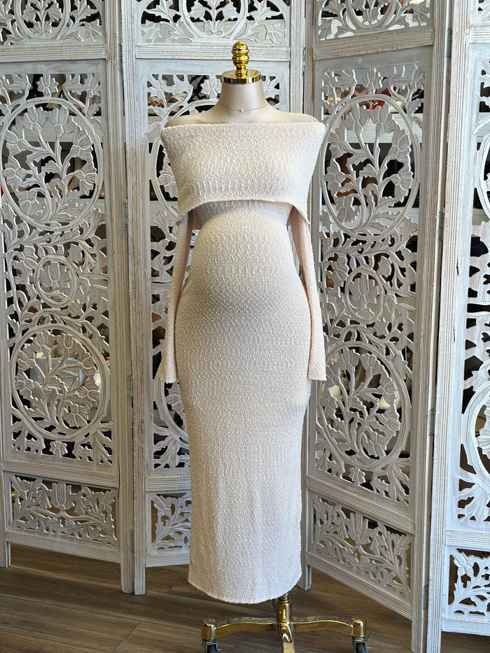 Wheat Knit Off Shoulder Dress-Stretchy,Estira
