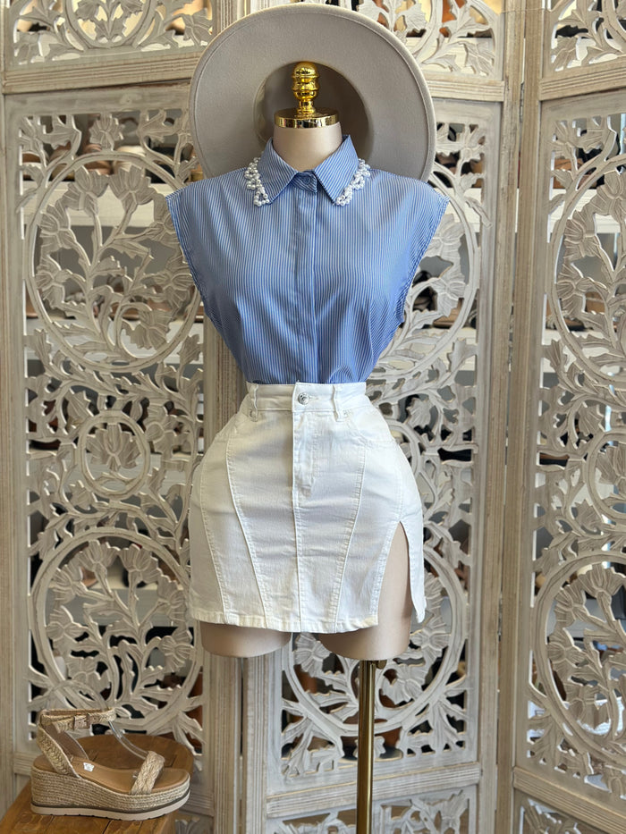 White Denim Slit Mini Skirt- Stretchy