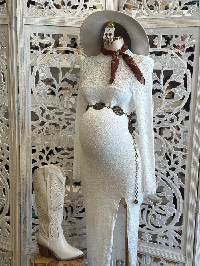 White Full Lace Slit Dress- Stretchy, Estira