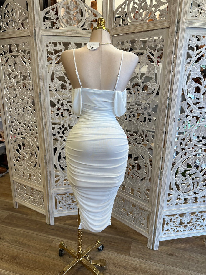 White Midi Ruched Dress - Estira, Stretchy