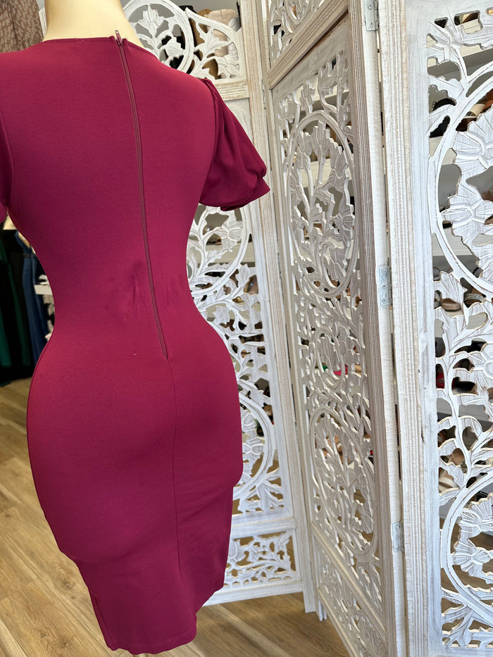 Wine Puff Sleeve Cross Front Dress