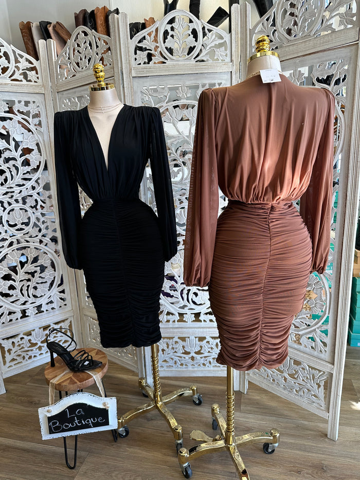 Wrapped Deep V Midi Dress- Stretchy,Estira