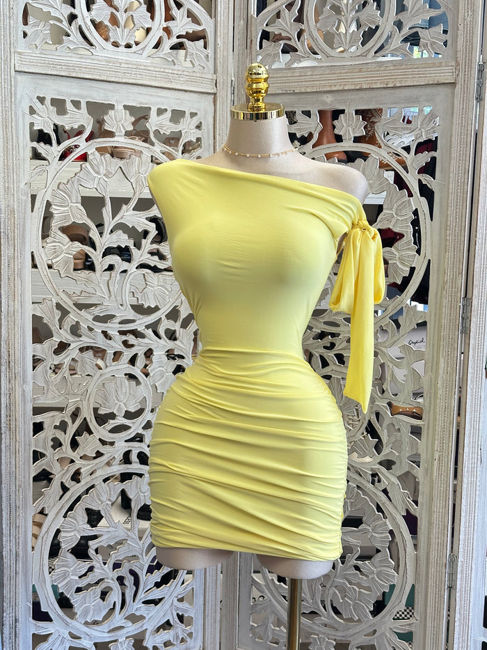 Yellow Asymmetrical Bow Mini Dress- Estira, Stretchy