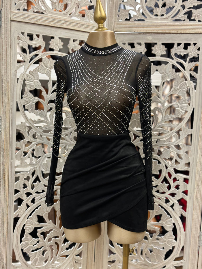 Mesh Rihinestone Pattern Bodysuit