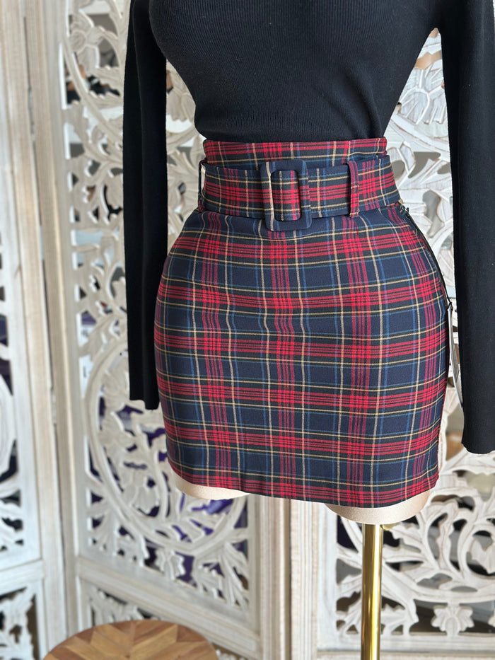 Red plaid Mini Skirt with Thick Belt