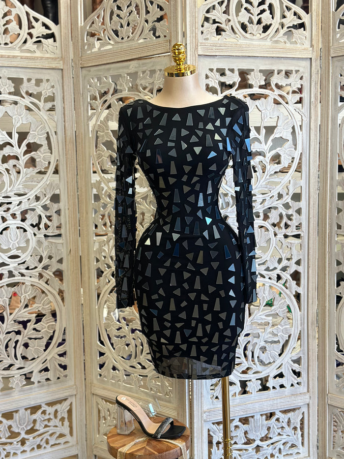 Black Scoop Neck Triangle Sequin Dress- Stretchy, Estira