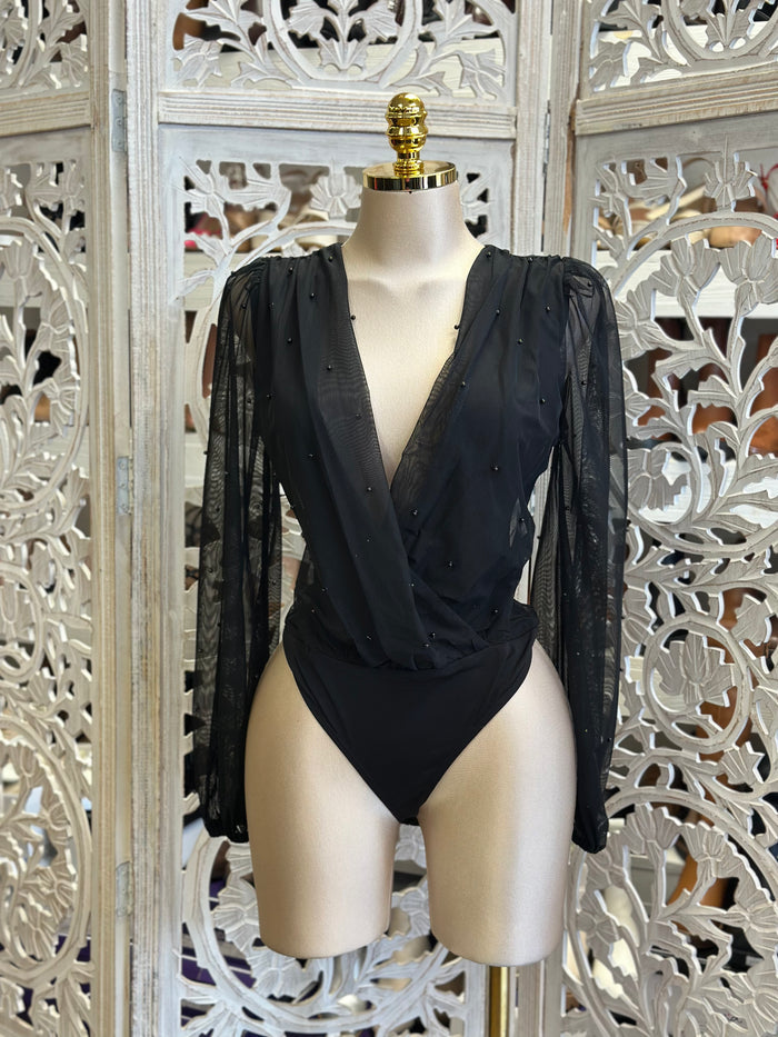Wrapped Pearl Detail Bodysuit- Estira, Stretchy