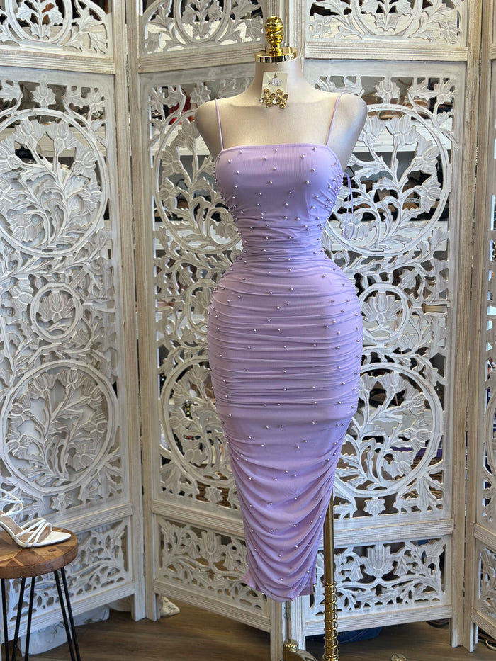 Lavender Pearl Body Con Dress- Stretchy, Estira