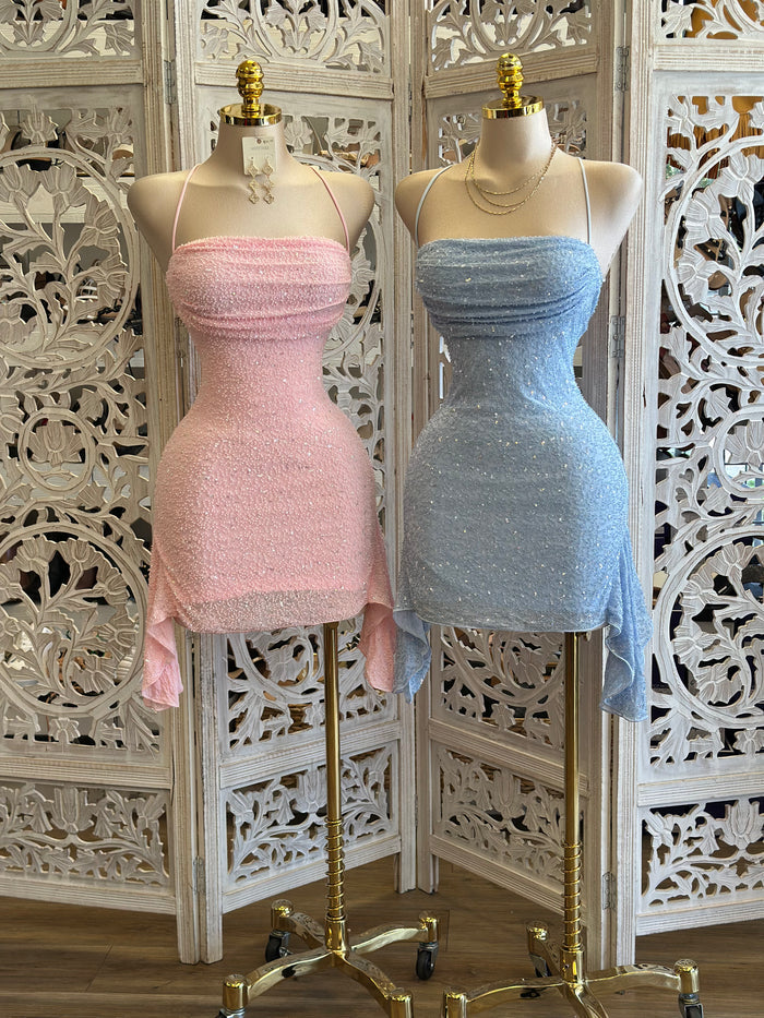 Open Back Embellished Mini Dress- Stretchy, Estira