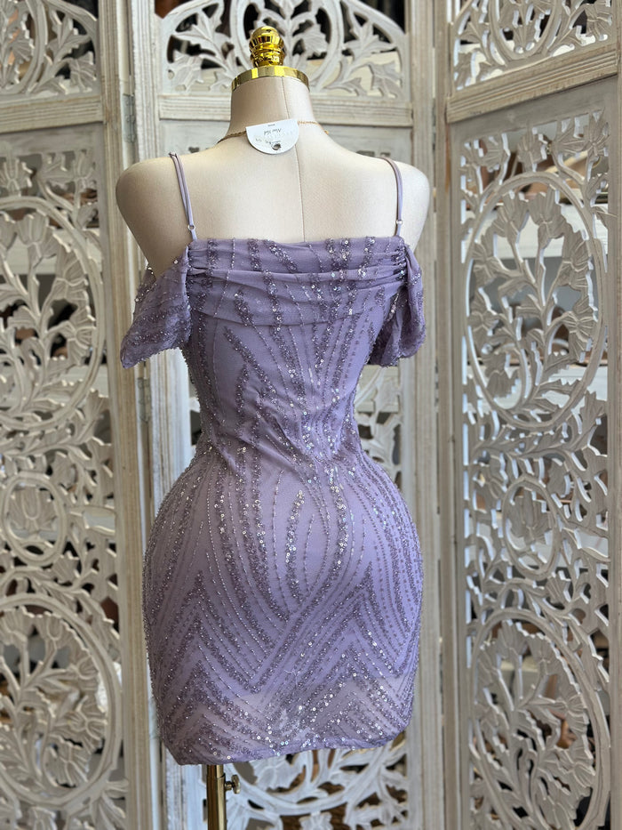 Purple Rhinestone Pattern Off Shoulder Mini Dress - Estira, Stretchy