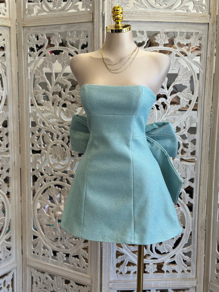 Seafoam Clip On Bow Mini Dress- Slightly Stretchy,Estira Poco
