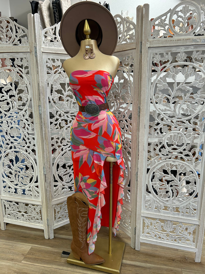 Strapless Red Pattern Ruffle Slit Dress- Stretchy