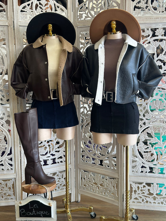Sherpa Lined Faux Leather Jacket- Stretchy,Estira