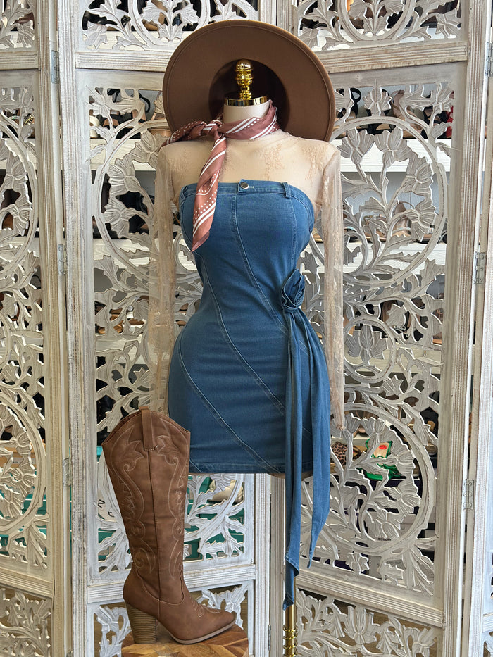 Denim Rose Tail Mini  Dress- Not Stretchy, No Estira