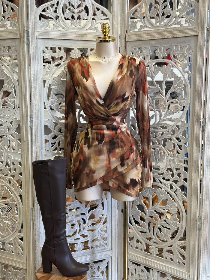 Abstract Print Deep V Mini Dress -  Estira, Stretchy