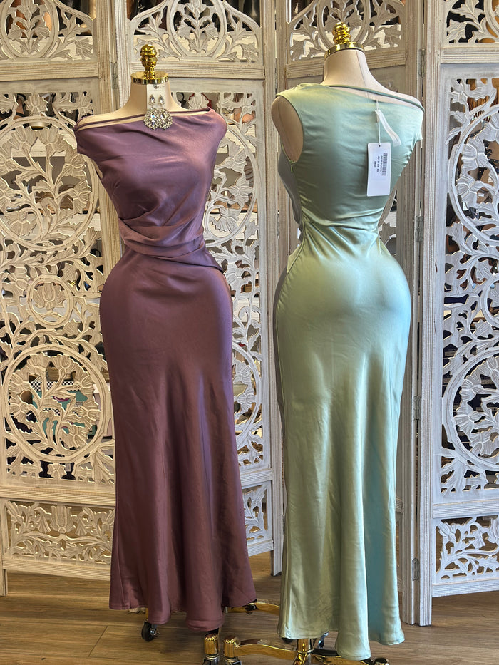 Aria Off Shoulder Satin Dress - No Estira, Not Stretchy