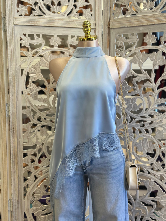 Asymmetrical Blue Lace Lined Blouse- Estira, Stretchy