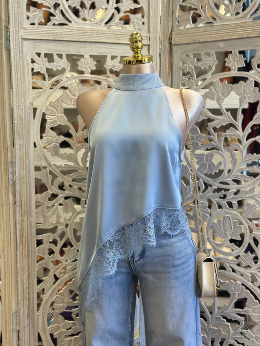 Asymmetrical Blue Lace Lined Blouse- Estira, Stretchy
