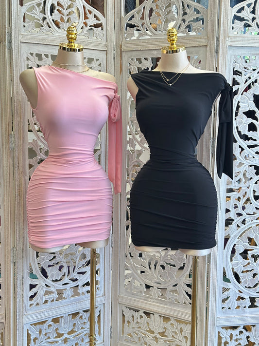 Asymmetrical Bow Mini Dress- Estira, Stretchy