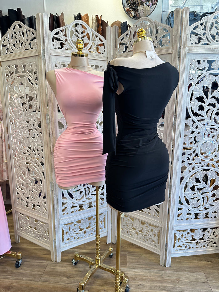 Asymmetrical Bow Mini Dress- Estira, Stretchy