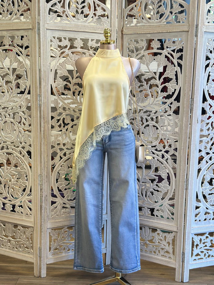 Asymmetrical Butter Lace Lined Blouse- Estira, Stretchy