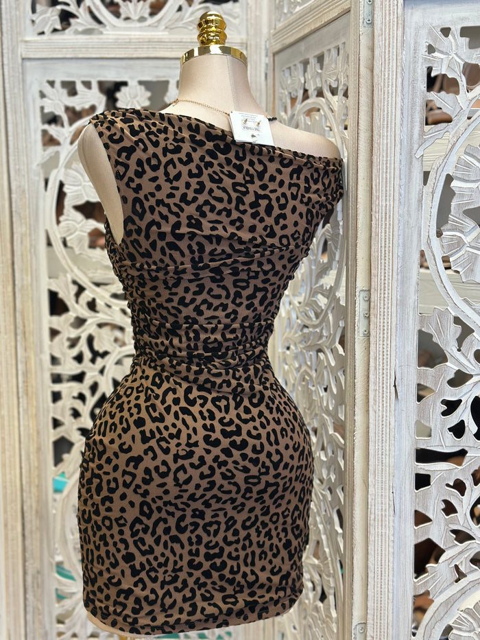 Asymmetrical Cheetah Print Mini Dress- Stretchy,Estira